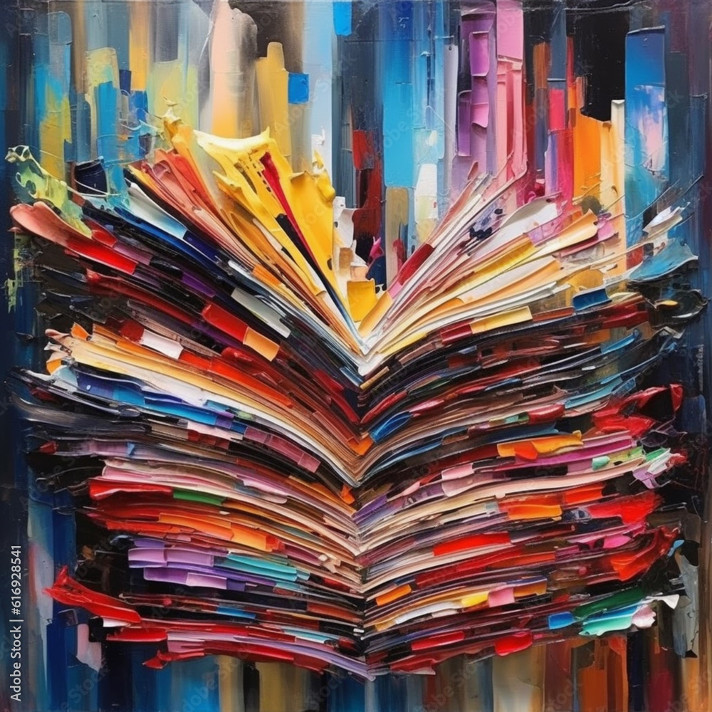 Aufkleber a mixed-media artwork combining abstract painting techniques with actual pages from books, blending 