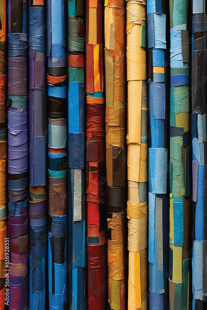 Leinwandbilder a mixed-media collage of abstract book spines arranged in a dynamic composition, each spine reflecti