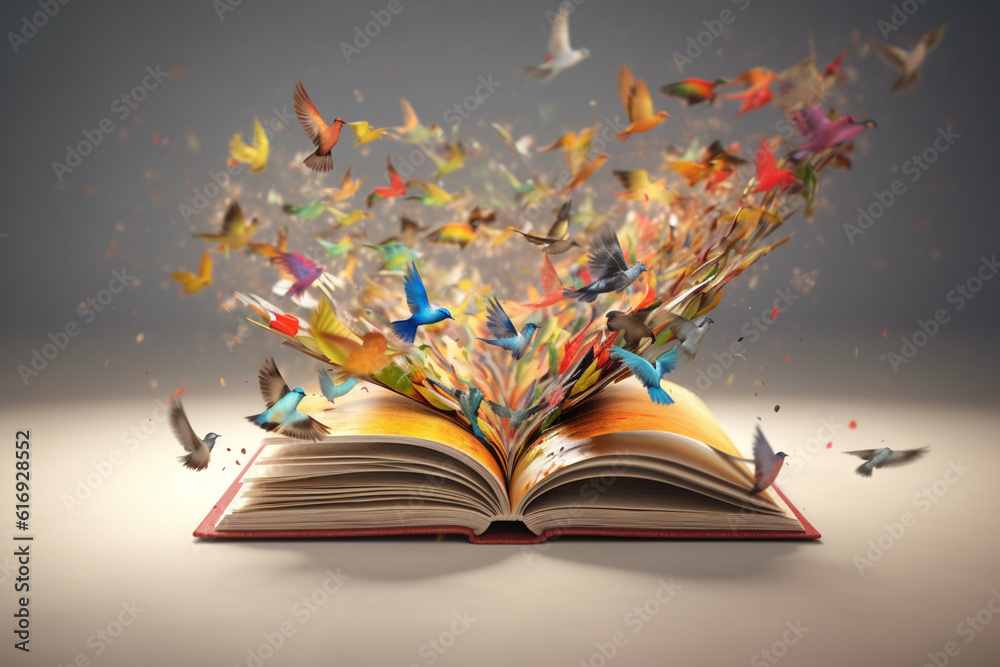 Poster  An illustration of an abstract book morphing into a flock of birds, representing the freedom and liberation that comes from the act of reading.  Generative AI technology.