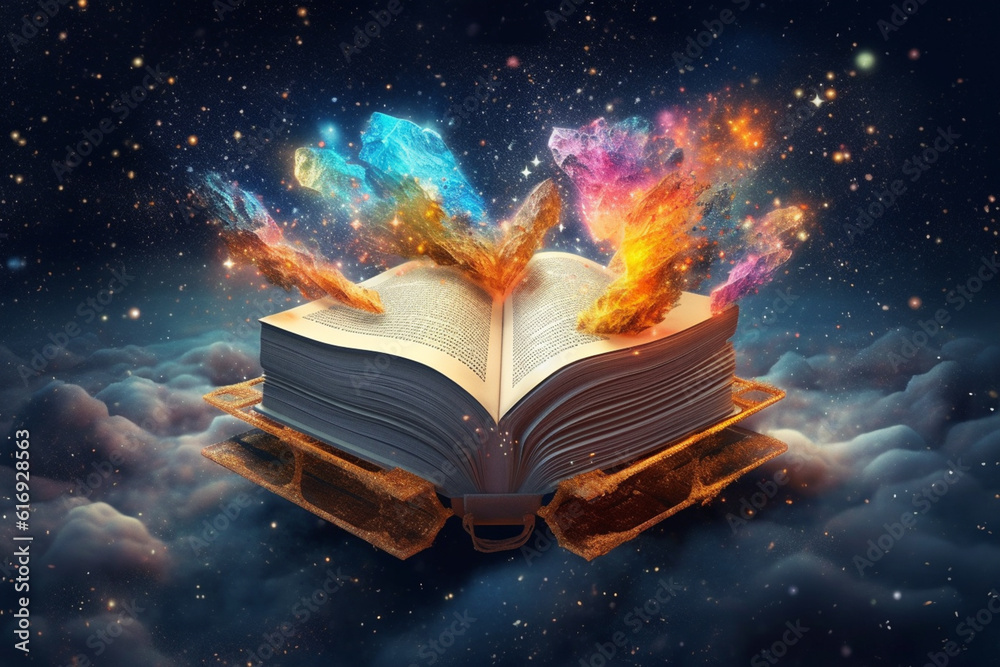 Leinwandbilder an illustration of an abstract book floating in a celestial sky, surrounded by stars and cosmic elem