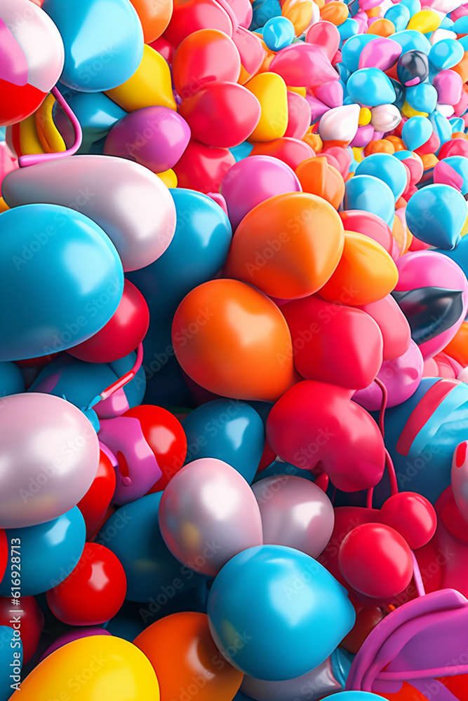 Leinwandbilder  An illustration of abstract balloons in various sizes and shapes, rendered in bold and contrasting colors, creating a visually striking and eye-catching image.  Generative AI technology.