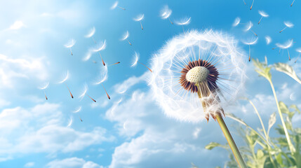 Beautiful puffy dandelion and flying seeds against blue sky on sunny day created with Generative AI
