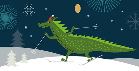 Cute green cartoon Dragon is skying. New Year 2024 of the  Dragon on the eastern calendar. Horizontal banner