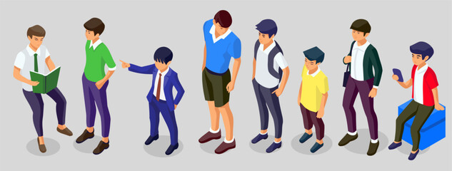 Modern boys in different poses and outfits, a boy's clothing fashion illustration. Isometric view. - 616928912