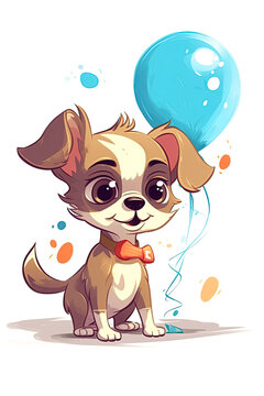 cute dog puppy with balloons at birthday party on white isolated background. Cartoon character. Generative AI