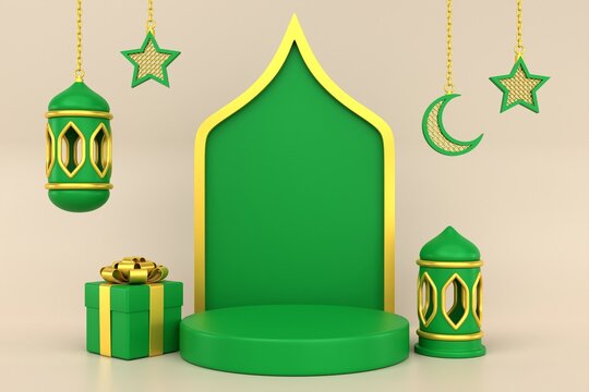 3d green gold islamic podium background. 3D render.