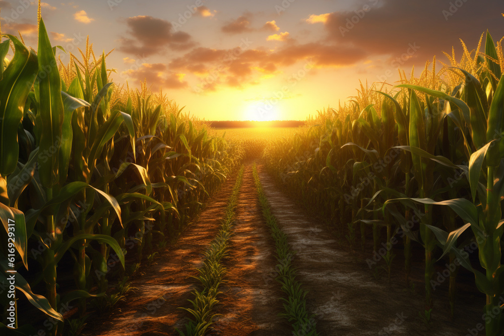 Poster a high-quality image of a maize field during sunset, with rows of tall corn stalks swaying in the ge