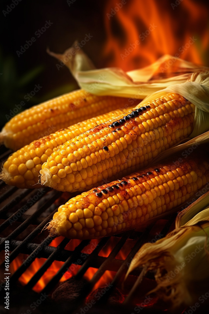 Aufkleber  A close-up shot of maize corn being grilled over an open flame, capturing the delicious aroma and the charred marks on the kernels.  Generative AI technology.