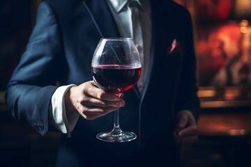 A close-up shot showing a sommelier inspecting the color and clarity of red wine in a glass against a warm, soft background.