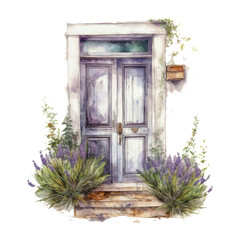 Watercolor illustration vintage door with lavender bushes