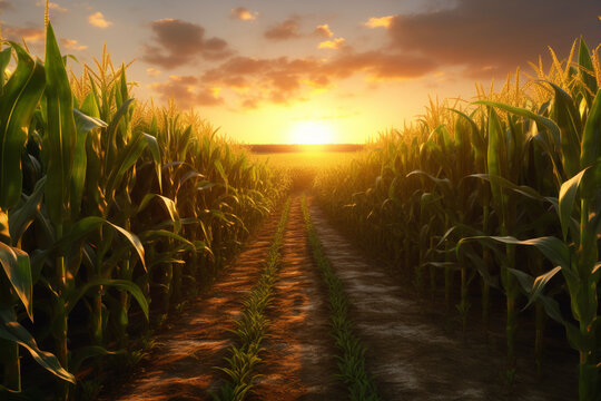  A high-quality image of a maize field during sunset, with rows of tall corn stalks swaying in the gentle breeze, depicting the beauty of agricultural landscapes.  Generative AI technology.