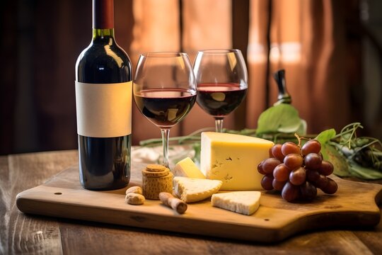  A photo portraying a vintage wine bottle alongside a cheese platter, arranged on a rustic wooden table, ideal for gourmet lifestyle and culinary concepts.