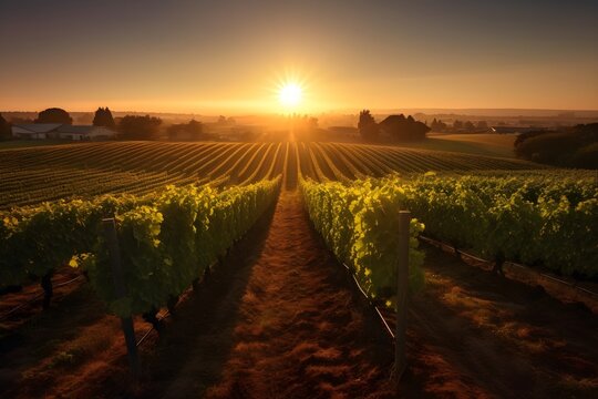 A picturesque image of a vineyard landscape at sunrise with the sun peeking through the rows of grapevines, illustrating the serene beauty of vineyards.