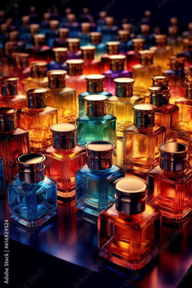 Poster an artistic composition of a luxury perfume collection, featuring elegant bottles, unique fragrances