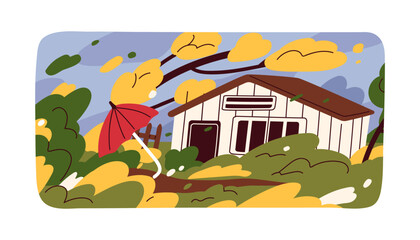 Strong wind blowing, hurricane in autumn season. Windy stormy day, dangerous weather, windstorm destroying tree branches, umbrella, house. Natural disaster, catastrophe. Flat vector illustration