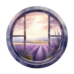 Fototapeta na wymiar Watercolor illustration lavender field window view