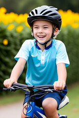 Obraz premium A young boy on a bicycle wearing a helmet smiling. (AI-generated fictional illustration) 