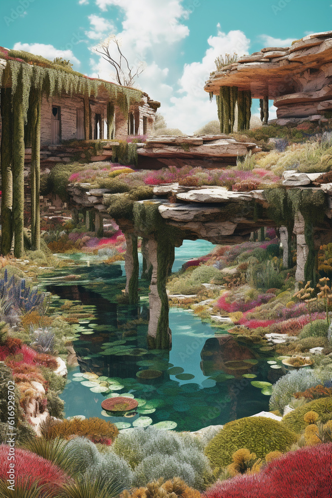 Poster  A digital collage of surreal landscape elements, combining natural and man-made structures in unexpected and imaginative ways.  Generative AI technology.