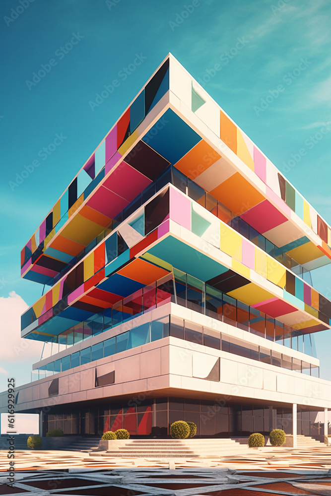 Poster A geometric-inspired architectural structure, with angular shapes and a play of light and shadows, capturing the essence of modern design.  Generative AI technology.