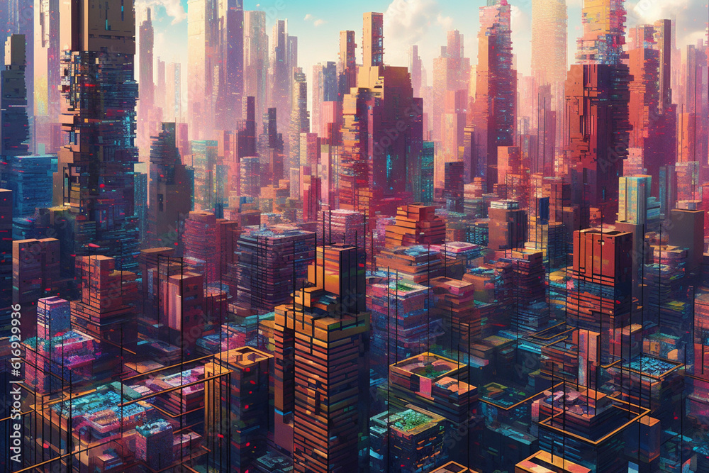Poster A digital illustration of a futuristic cityscape with geometric skyscrapers and intricate geometric patterns, showcasing the potential of geometric design in architecture.  Generative AI technology.