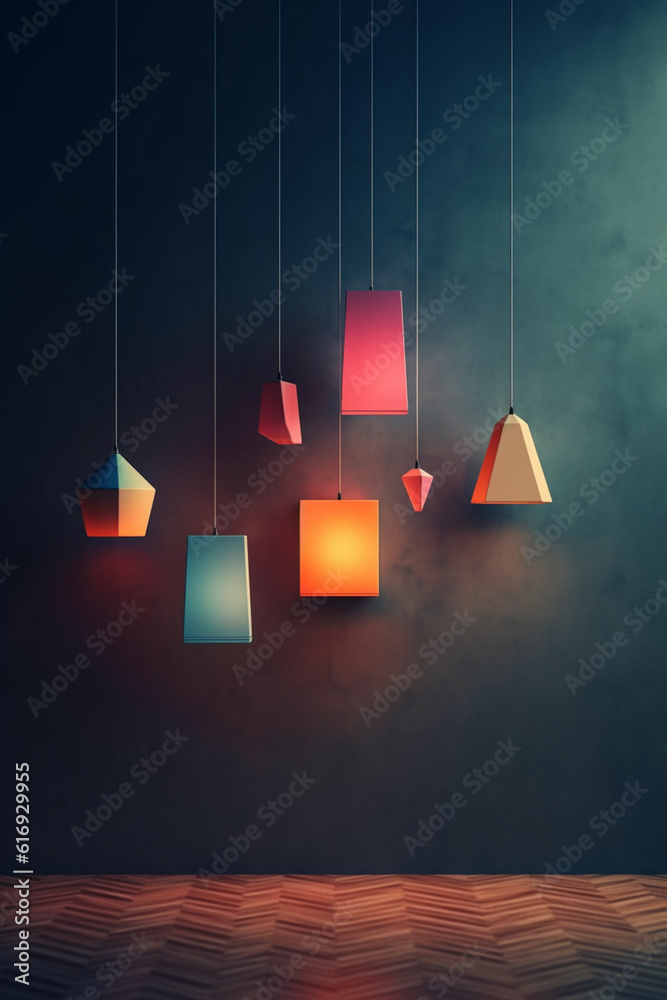 Poster A series of geometric-shaped pendant lights, casting intriguing shadows and creating an atmospheric ambiance in any space.  Generative AI technology.