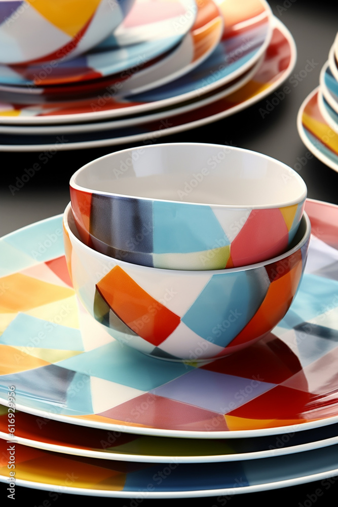 Aufkleber a set of geometric-inspired tableware, with plates, bowls, and serving dishes featuring geometric pa