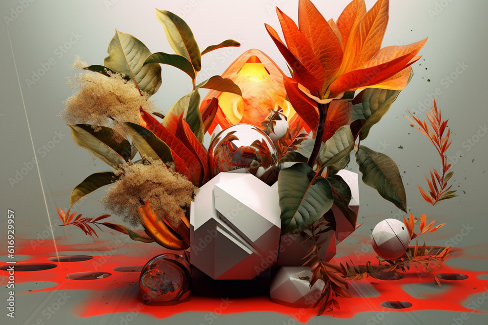 Poster a digital artwork featuring a geometric abstraction of nature, combining organic elements with geome