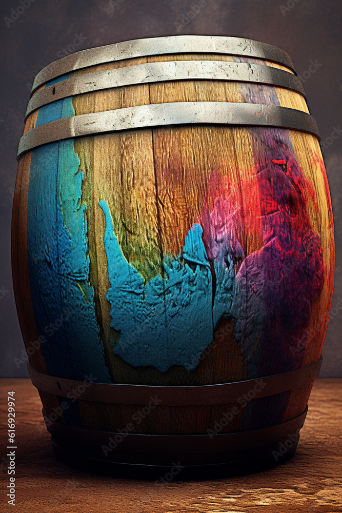 Poster An artistic rendering of a wine barrel, capturing its cylindrical shape and textured surface with vibrant colors and brush strokes.  Generative AI technology.