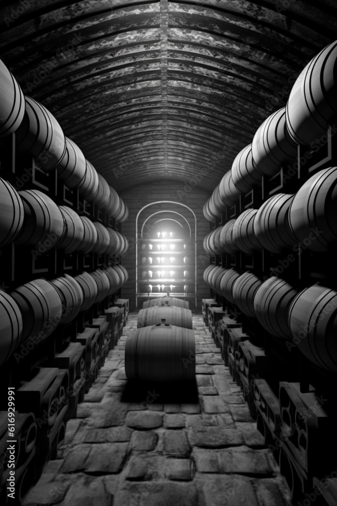 Poster a black and white photograph of a wine cellar filled with neatly stacked wine barrels, creating a vi