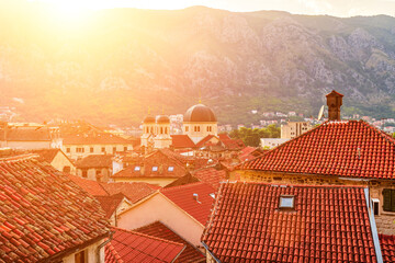 Sunset over the red tiled roofs of the old town of Kotor, Montenegro.