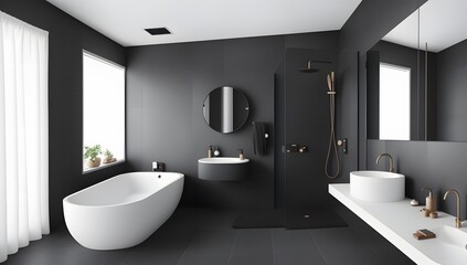 Fototapeta na wymiar A Picture Of A Captivatingly Candid Bathroom With A Black Wall AI Generative