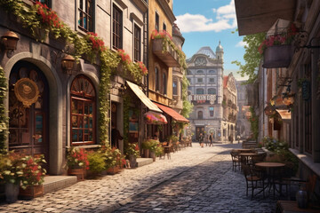 Fototapeta na wymiar A charming cobblestone street lined with historic buildings, cafes, and shops, representing the quaint and picturesque atmosphere of a popular tourist town. Generative AI technology.