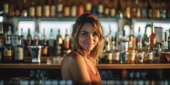 A delightful female bartender stands gracefully behind the bar. Her warm smile and skilled hands bring life to the bar, creating a charming and enjoyable atmosphere for all. Generative AI