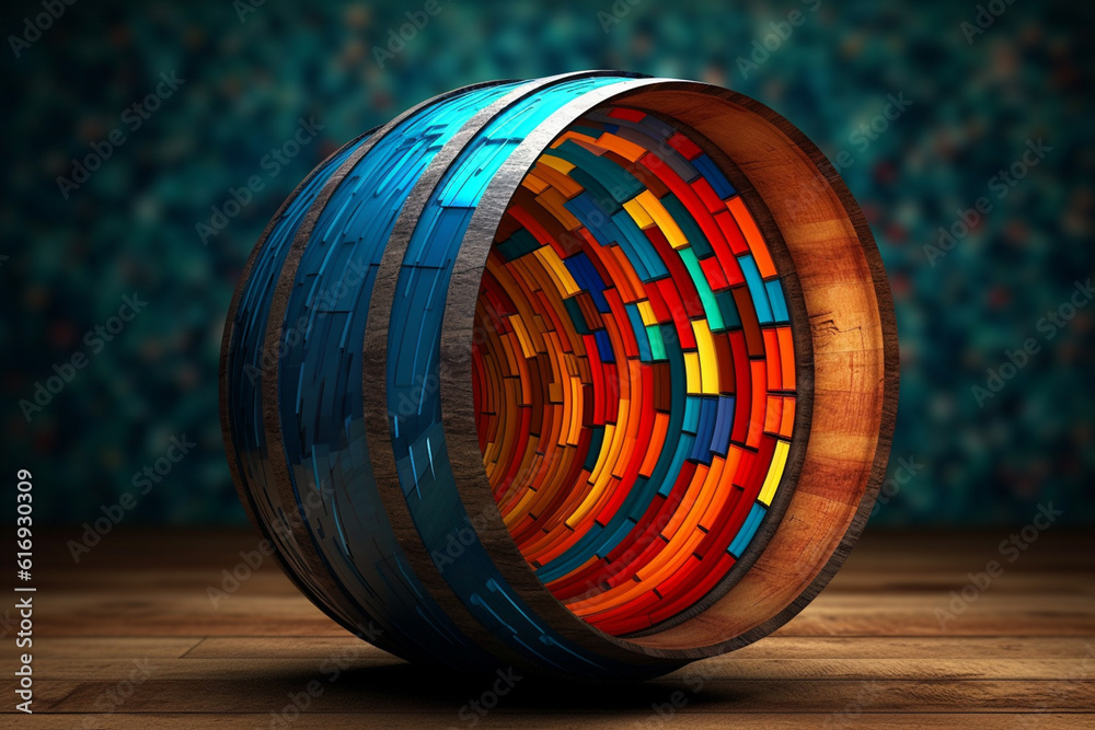 Poster A digitally manipulated image of a wine barrel, incorporating abstract elements and vibrant colors to create a visually striking and unique composition.  Generative AI technology.