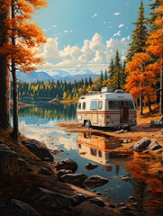 rv camper trailer at lake by the shore. Ai generative