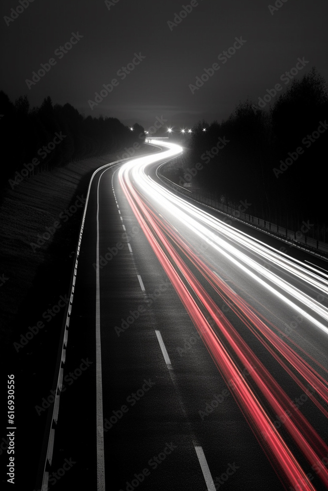 Aufkleber a black and white long exposure photograph of car lights streaking along a highway, capturing the se