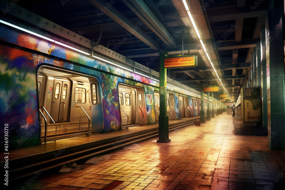 Poster an atmospheric photograph of an underground subway station, capturing the hustle and bustle of commu