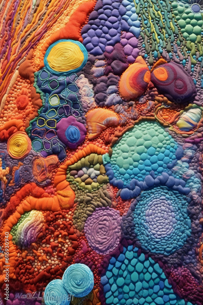 Poster An abstract textile artwork featuring vibrant colors, intricate patterns, and tactile textures, inviting viewers to engage with the work on a sensory level.  Generative AI technology.