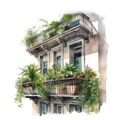 Obraz na płótnie Canvas Watercolor illustration of a balcony in flowers