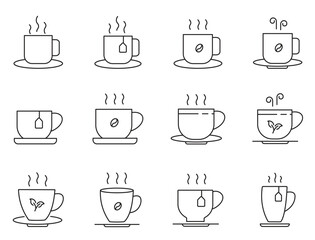 coffee and tea cup outline icons set on white background.