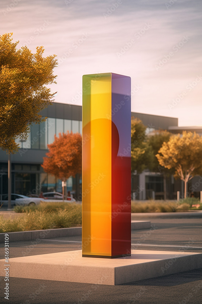 Poster a minimalistic outdoor sculpture or installation artwork placed in a public space, inviting interact