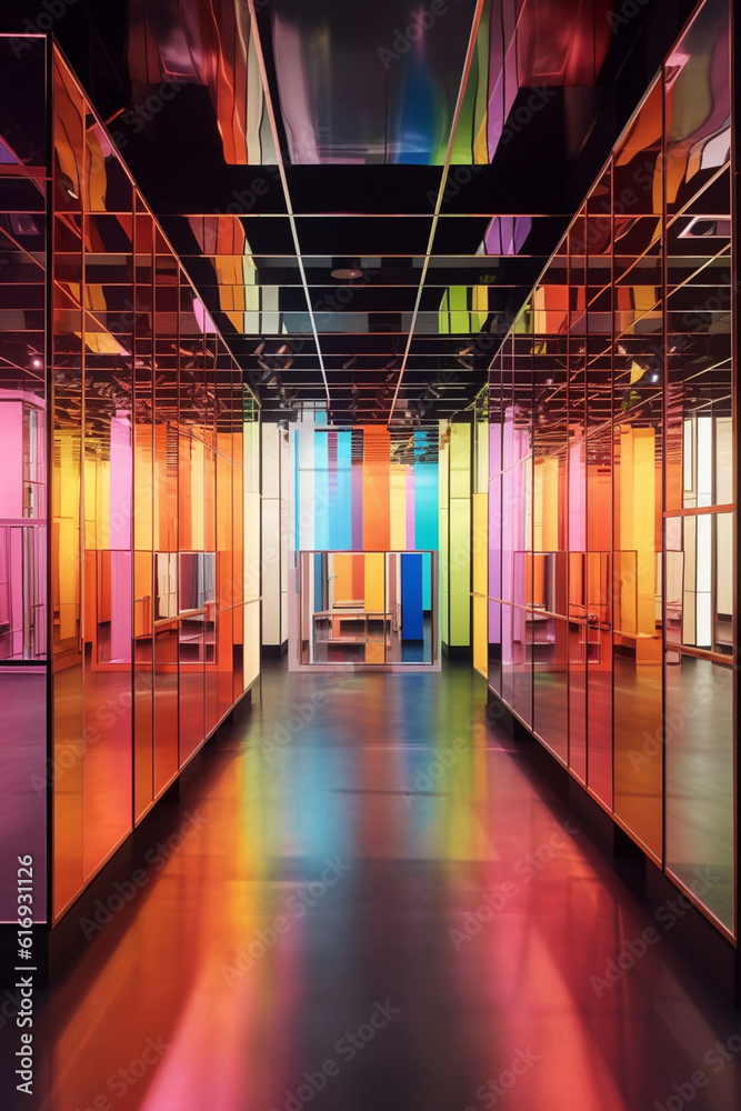 Poster a conceptual art installation featuring mirrors and reflective surfaces, creating an immersive and i