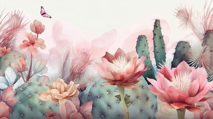 cacti bloom watercolor white background, spring, desert. generative AI