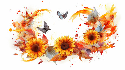 Fototapeta na wymiar sunflowers watercolor wreath frame on white background. generative ai