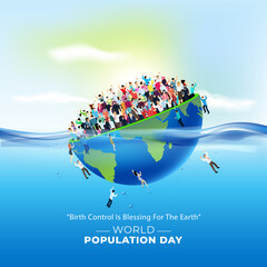 World Population Day text with explosion of world population poster design. Diverse people and overcrowded, overloaded earth.