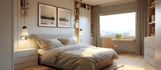Fototapeta na wymiar modern bedroom with minimalist decor and artwork Generated by AI