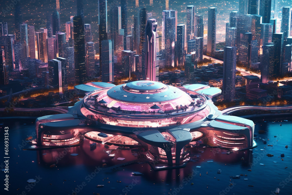 Poster A digital art concept piece showcasing futuristic technology and architecture, envisioning a world where advanced technologies and design intersect.  Generative AI technology.