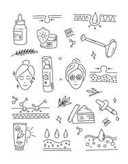 Anti aging skin treatment Icons set. Doodle collection face and beauty. skin care for woman skin cell