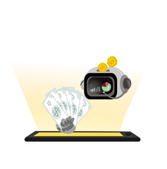 Illustration AI makes money and  Small investment but big returns with robots concept .Artificial intelligence assistance service for work and earning income for business.Smart application on mobile.