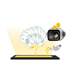 Illustration AI makes money and  Small investment but big returns with robots concept .Artificial intelligence assistance service for work and earning income for business.Smart application on mobile.